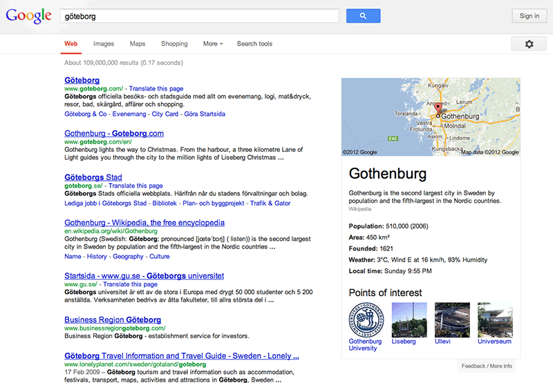 Bild 3: Google kompletterar sitt sökresultat med verifierade fakta i högerkolumnen.