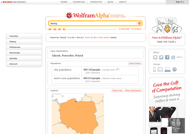 Bild 4: WolframAlpha ger fakta om sökordet "danzig".