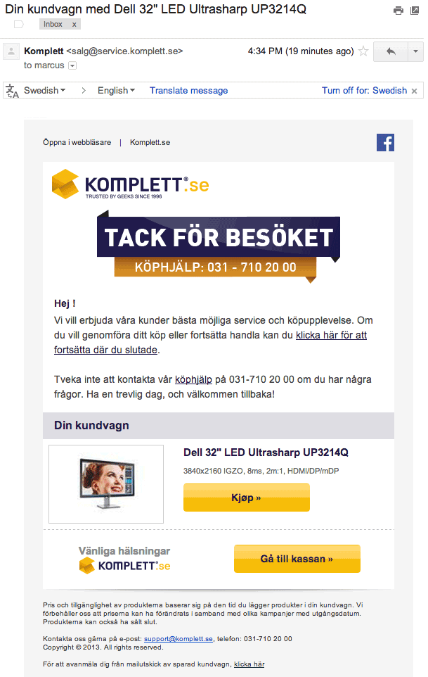 Bild 64: Påminnelse per epost om övergiven kundvagn.